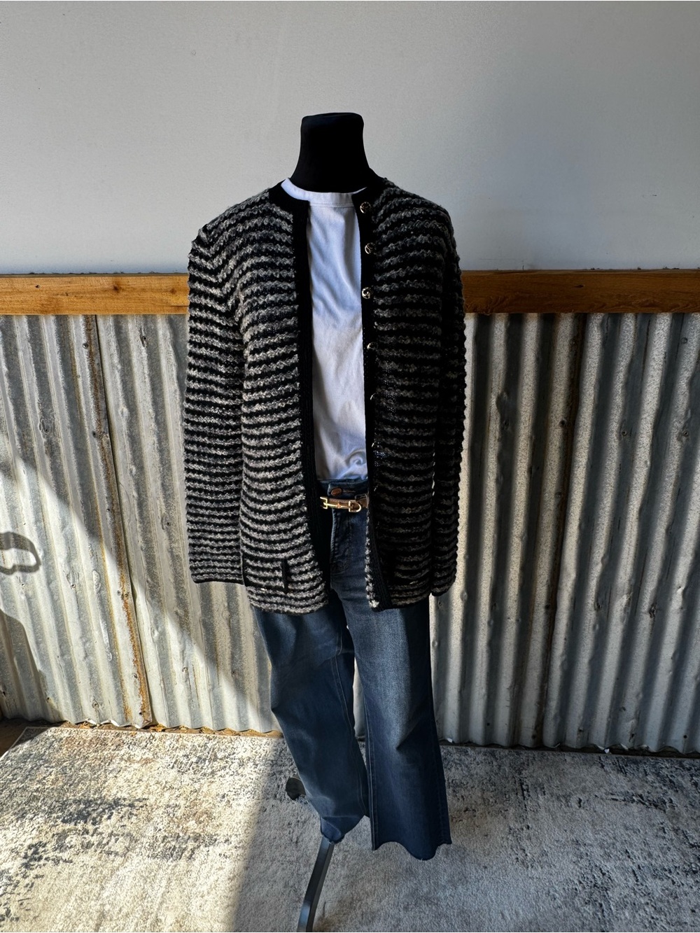 St. John Black and Gray Striped Knit Cardigan